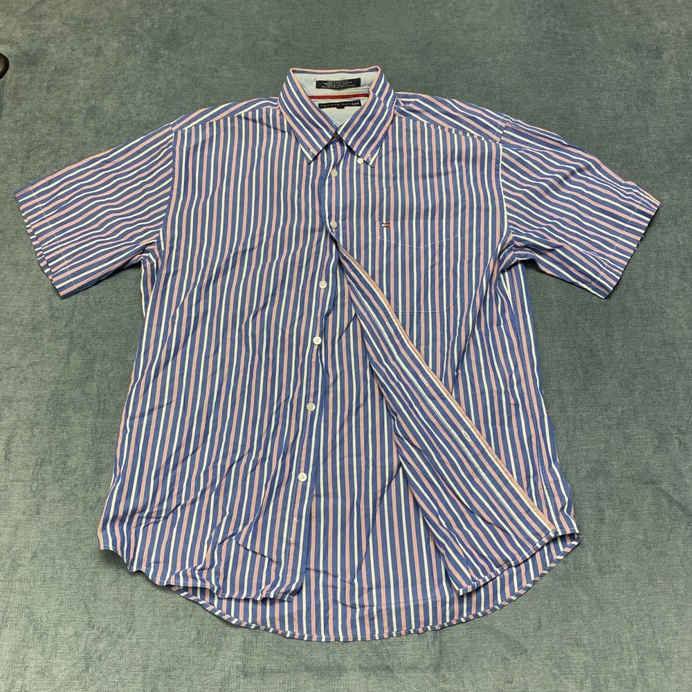 Tommy Hilfiger Shirt Mens Large Blue White Striped Cotton Button Down Outdoor